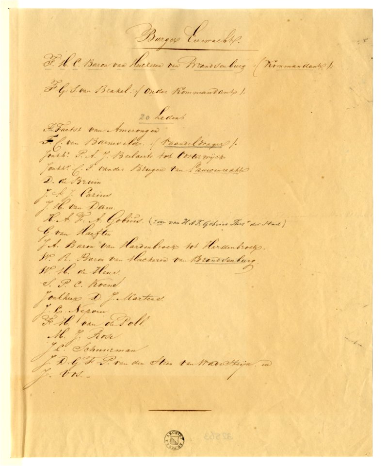 HUA-32563-Naamlijst van de leden van de burger erewacht bij het bezoek van koning Willem II aan Utrecht op 18 mei 1841