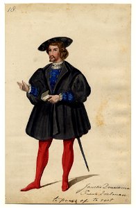 HUA-32713-Afbeelding van een kostuumontwerp van de Friese edelman Jancko Douwama figurant in de maskerade van de studenten van de Utrechtse hogeschool ter geleg