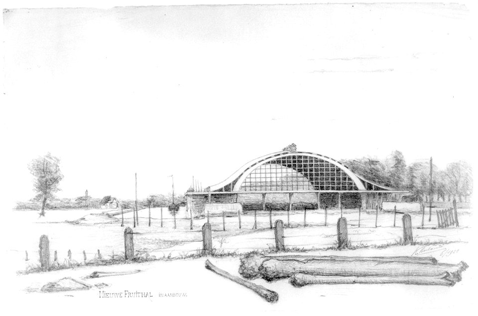 HUA-31437-Gezicht op het in aanbouw zijnde gebouw van de Gebouw voor groenten en vruchtenveilingen aan de Croeselaan te Utrecht