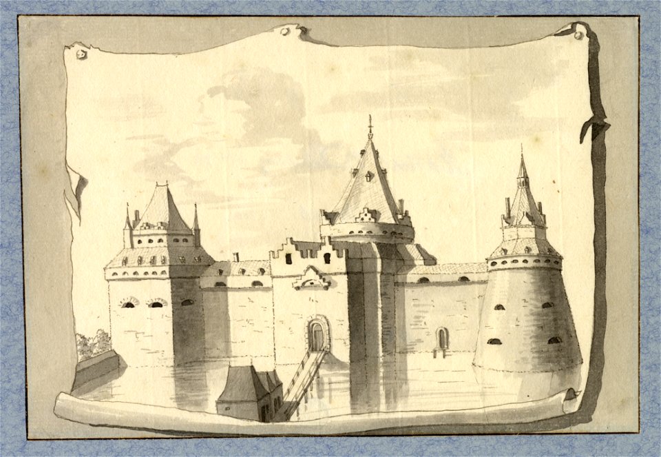 HUA-35027-Gezicht op de zuidelijke muur van kasteel Vredenburg te Utrecht met de toegang over de gracht en de zuidwestelijke en de zuidoostelijke hoektorens