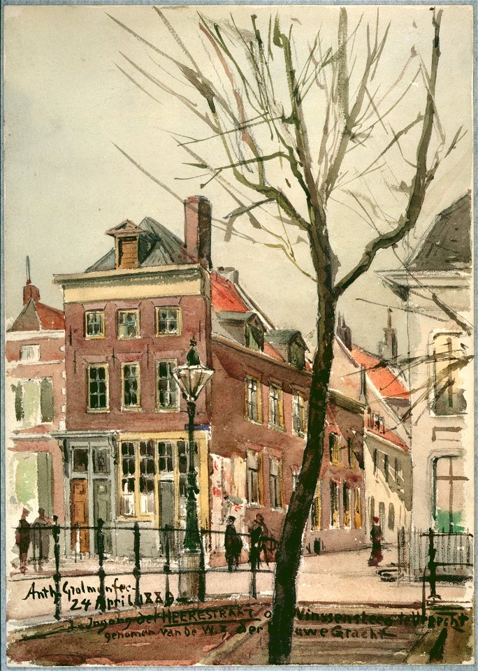 HUA-30735-Gezicht over de Nieuwegracht te Utrecht in de Herenstraat met links op de voorgrond de Paulusbrug