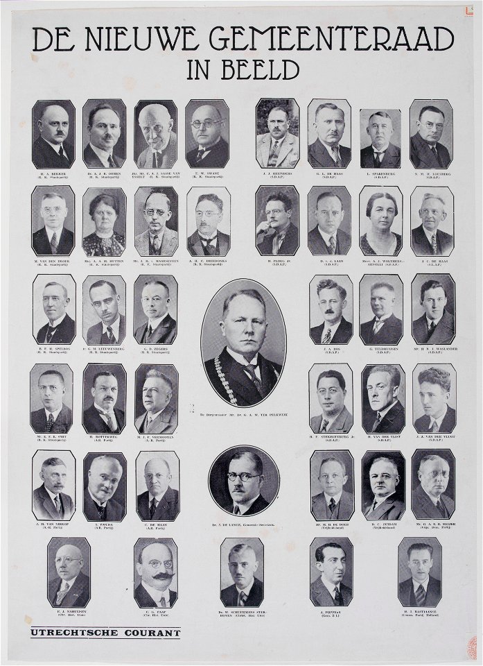 HUA-31884-Portretten van de burgemeester mrdr GAW ter Pelkwijk de gemeentesecretaris dr J de Lange en de 39 nieuwgekozen raadsleden in 1935