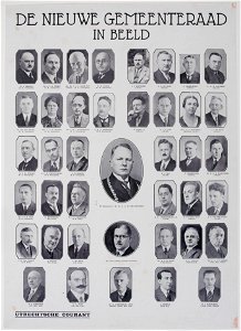 HUA-31884-Portretten van de burgemeester mrdr GAW ter Pelkwijk de gemeentesecretaris dr J de Lange en de 39 nieuwgekozen raadsleden in 1935