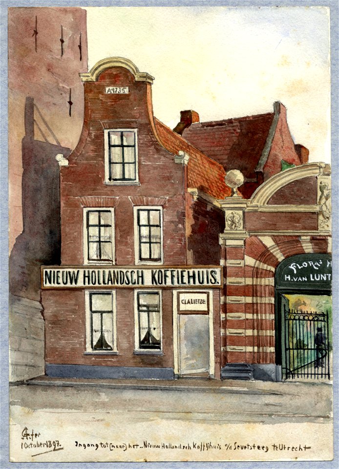 HUA-31667-Gezicht op de voorgevel en gedeeltelijke zijgevel van het Nieuw Hollandsch Koffiehuis Servetstraat 7 te Utrecht met links een gedeelte van de westmuur