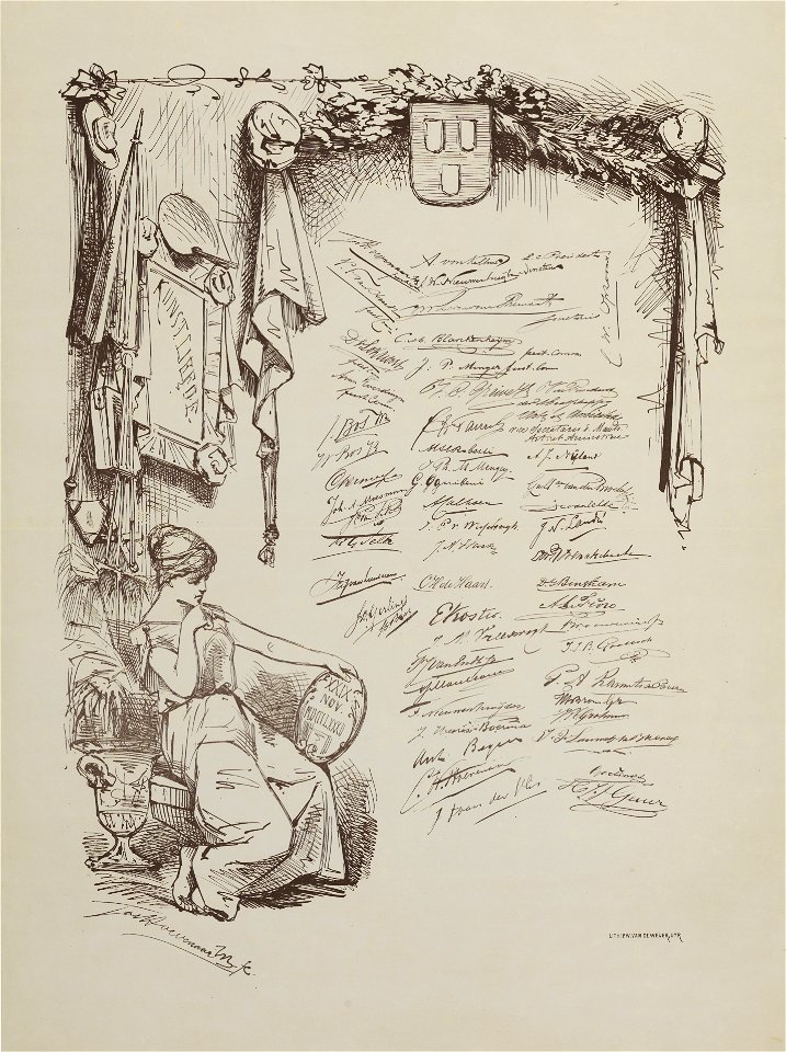 HUA-29175-Blad met handtekeningen van de deelnemers aan het diner ter gelegenheid van het 75 jarig bestaan van het Genootschap Kunstliefde te Utrecht