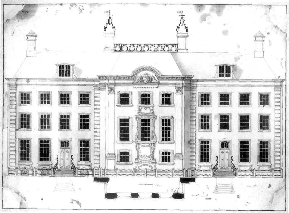 HUA-31574-Afbeelding van de voorgevel van het gebouw van de Fundatie van de Vrijvrouwe van Renswoude aan de Agnietenstraat te Utrecht met een plattegrond van he