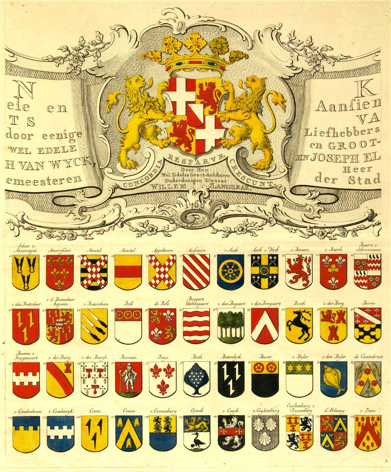 HUA-32199-Afbeelding van een van de 9 bladen van een wapenkaart van de aanzienlijke Utrechtse geslachten opgedragen aan de burgemeesters Hendrick van Asch van W