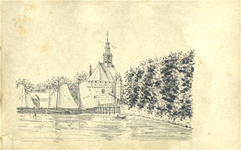 HUA-222088-Gezicht op de Hoofdtoren te Hoorn Noord Holland NB Blad uit het Schetsboek No 5 van Th Scharten 1892 1893 Het schetsboek bevat 40 tekeningen van lokat