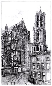 HUA-33101-Gezicht op het noordertransept van de Domkerk en de Domtoren Domplein te Utrecht met rechts op de voorgrond een deel van de aan de Domstraat gelegen z