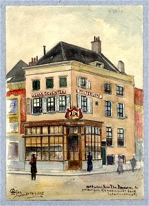 HUA-31686-Gezicht op de voor en de zijgevel van het huis Ganzenmarkt 20 op de hoek van de Schoutenstraat te Utrecht het winkel woonhuis van de bonthandelaar JS 