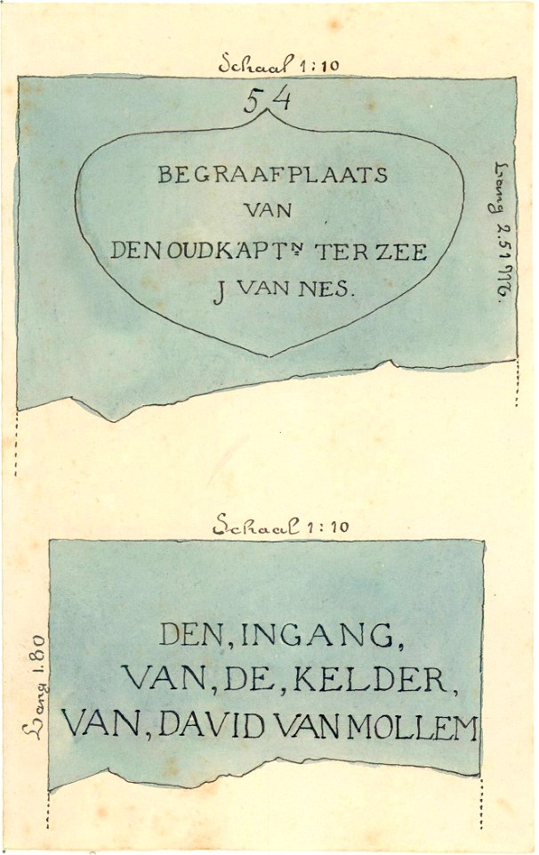 HUA-31181-Afbeelding van twee grafstenen in de Jacobikerk te Utrecht met de namen J van Nes nr 54 en David van Mollem