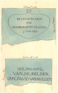 HUA-31181-Afbeelding van twee grafstenen in de Jacobikerk te Utrecht met de namen J van Nes nr 54 en David van Mollem