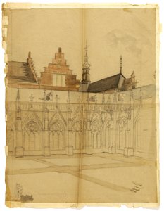 HUA-28362-Gezicht in de kruisgang van de Domkerk te Utrecht met de zuidelijke arm en een gedeelte van de westelijke en daarachter een gedeelte van het Academieg