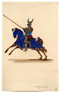 HUA-32773-Afbeelding van een ontwerp van de sjabrak van een paard met een geharnaste ruiter figuranten in de maskerade van de studenten van de Utrechtse hogesch