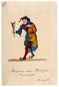 HUA-32721-Afbeelding van een kostuumontwerp van de hofnar van hertogin Elisabeth figurant in de maskerade van de studenten van de Utrechtse hogeschool ter geleg