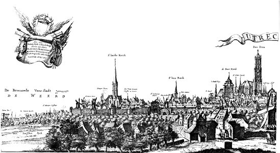 HUA-30777-Profiel van de stad Utrecht uit het westen gezien van Bemuurde Weerd tot en met het Bisschopshof Met linksboven een cartouche met een zesregelige opdr