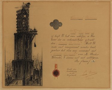 HUA-28686-Gezicht op de Domtoren te Utrecht uit het zuidwesten tijdens de restauratie van de lantaarn uit het zuidwesten