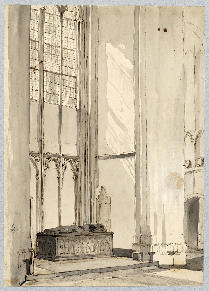 HUA-31073-Interieur van de Domkerk te Utrecht gezicht vanuit de zuidelijke zijbeuk van het koor in de kapel van Avennes met het grafmonument van bisschop Guy va