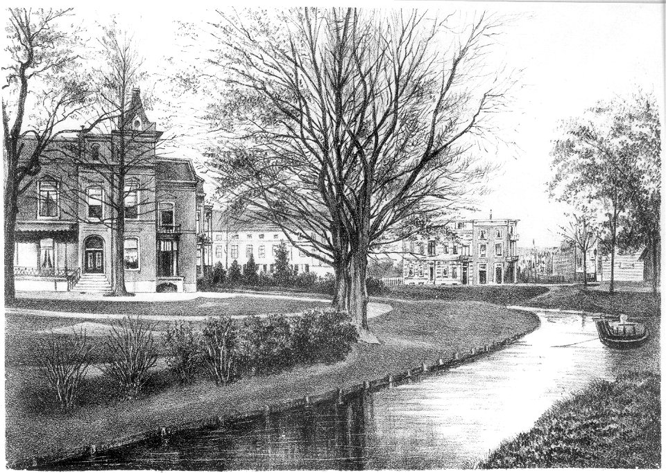 HUA-31363-Gezicht vanuit het zuiden op de tuin en het huis De Oorsprong te Utrecht met op de achtergrond de huizen aan de Biltstraat en de ingang van de latere 