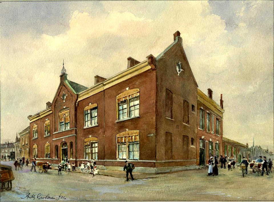 HUA-32273-Gezicht op de voor en de zijgevel van de Openbare Lagere School aan de Vlijtstraat nr 13 te Utrecht