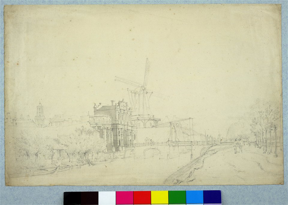 HUA-30901-Gezicht vanaf de singel over de stadsbuitengracht op de stadswal te Utrecht uit het westen met de Catharijnepoort en brug met daarachter de molen De F