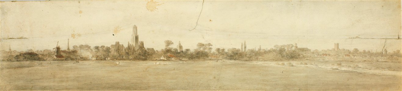 HUA-32282-Gezicht op de stad Utrecht uit het noordoosten ongeveer van de hoek Ezelsdijk Militaireweg met van links naar rechts de toren van de Geertekerk de Dom