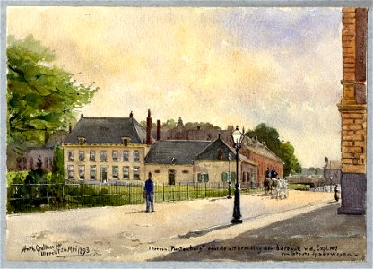 HUA-31675-Gezicht op het huis Puntenburg met bijgebouwen en voortuin aan de Catharijnesingel te Utrecht met op de voorgrond de straat Moreelsepark en rechts een