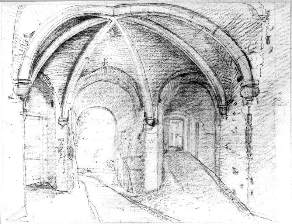 HUA-30917-Gezicht in het bastion Manenburg te Utrecht met de gang naar de binnenplaats en rechts de gang naar de als keuken ingerichte bovenste geschutskelders 