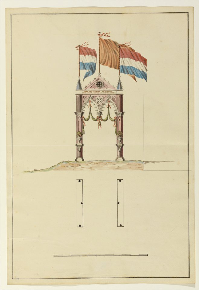 HUA-32547-Afbeelding van een ontwerp aanzicht en plattegrond voor een erepoort op te richten voor het bezoek van koning Willem II aan Utrecht op 18 mei 1841