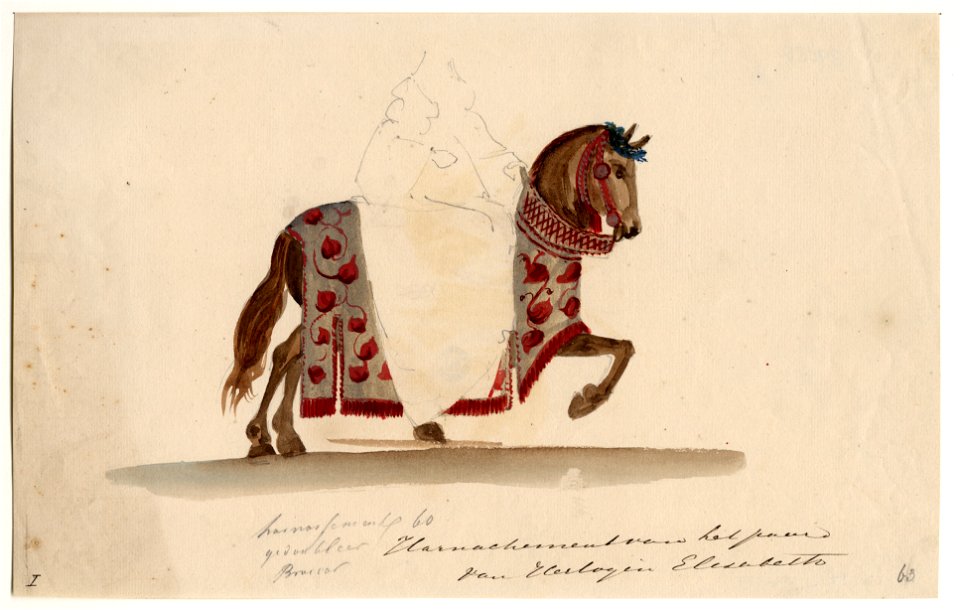 HUA-32768-Afbeelding van een ontwerp van de sjabrak van het paard van hertogin Elisabeth van Gelre figurant in de maskerade van de studenten van de Utrechtse ho