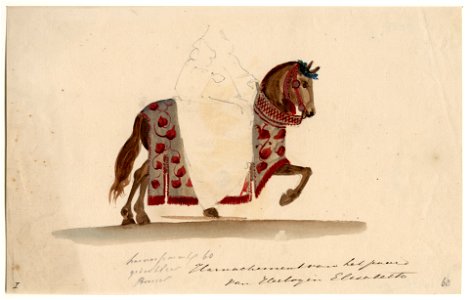 HUA-32768-Afbeelding van een ontwerp van de sjabrak van het paard van hertogin Elisabeth van Gelre figurant in de maskerade van de studenten van de Utrechtse ho