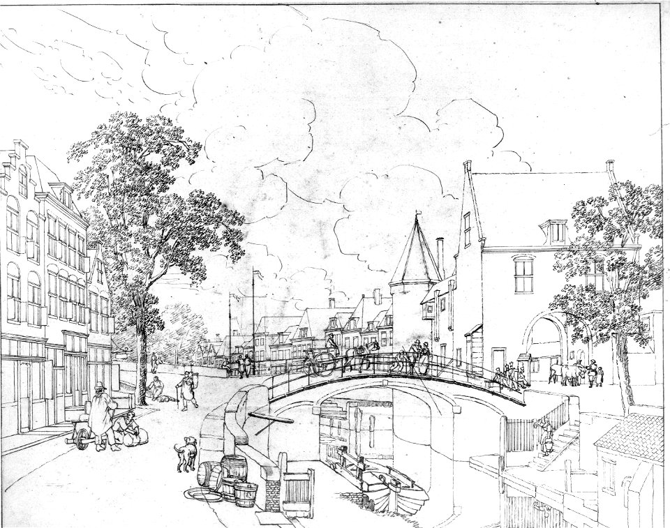 HUA-30894-Gezicht op de Oudegracht te Utrecht met de Zandbrug en de Weerdpoort aan de stadszijde uit het zuiden met links de voorgevels van de huizen aan de wes