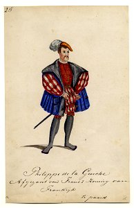 HUA-32720-Afbeelding van een kostuumontwerp van Philippe da la Guiche afgezant van koning Frans I van Frankrijk figurant in de maskerade van de studenten van de