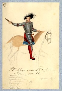 HUA-32736-Afbeelding van een kostuumontwerp van erfmaarschalk Willem van Rossem figurant in de maskerade van de studenten van de Utrechtse hogeschool ter gelege