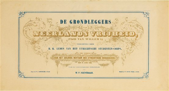 HUA-29098-Titelblad van de serie prenten van de maskerade van het Utrechtsch Studenten Corps voorstellende de grondleggers van Nederlands vrijheid