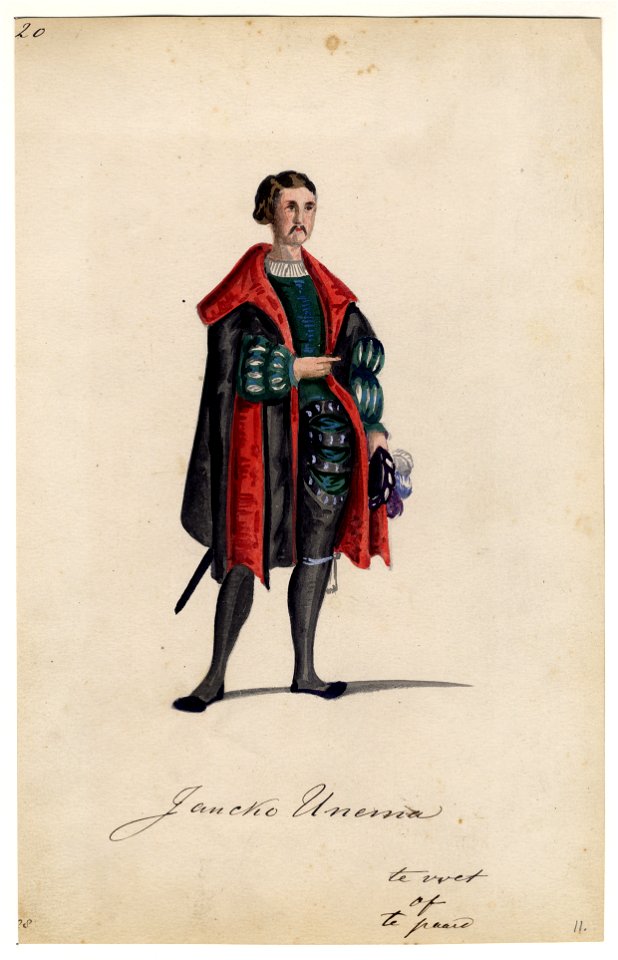 HUA-32716-Afbeelding van een kostuumontwerp van de Groningse edelman Jancko Unema figurant in de maskerade van de studenten van de Utrechtse hogeschool ter gele