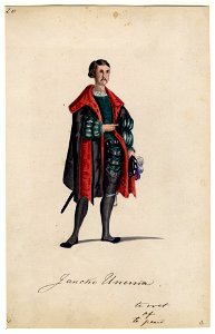 HUA-32716-Afbeelding van een kostuumontwerp van de Groningse edelman Jancko Unema figurant in de maskerade van de studenten van de Utrechtse hogeschool ter gele