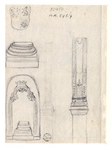 HUA-32450-Afbeelding van een wapenschild en andere onderdelen van de vernielde graftombe van de gravin van Solms in de kapel van Zoudenbalch in de Domkerk te Ut