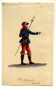 HUA-32752-Afbeelding van een kostuumontwerp van een jagermeester figurant in de maskerade van de studenten van de Utrechtse hogeschool ter gelegenheid van het 4