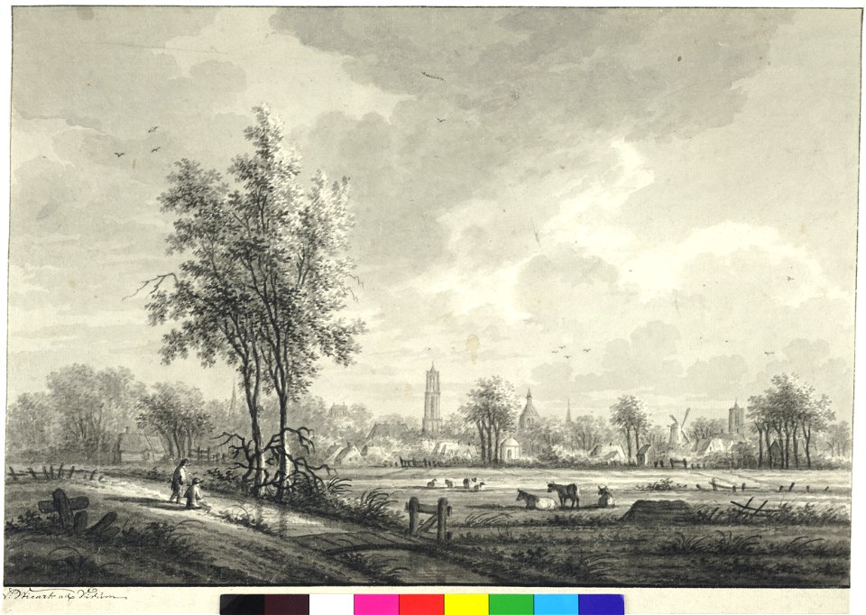 HUA-31641-Gezicht op het buitengebied ten noordoosten van Utrecht met op de achtergrond onder andere de Domtoren de toren van de Buurkerk en de toren van de Jac