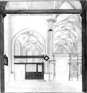 HUA-31124-Interieur van de Janskerk te Utrecht het transept met het koor en het noorderzijkoor uit het westen
