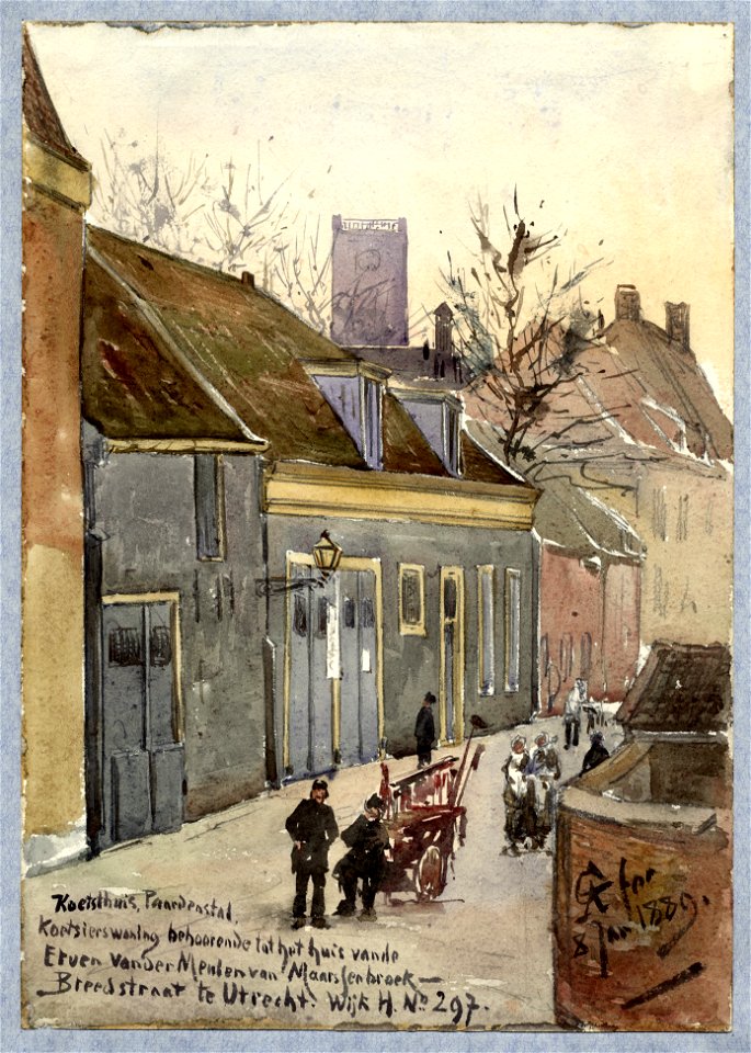 HUA-30718-Gezicht in de Lange Lauwerstraat te Utrecht met de voorgevels van het koetshuis de paardenstal en de koetsierswoning nrs H 104 107 behorende bij het h
