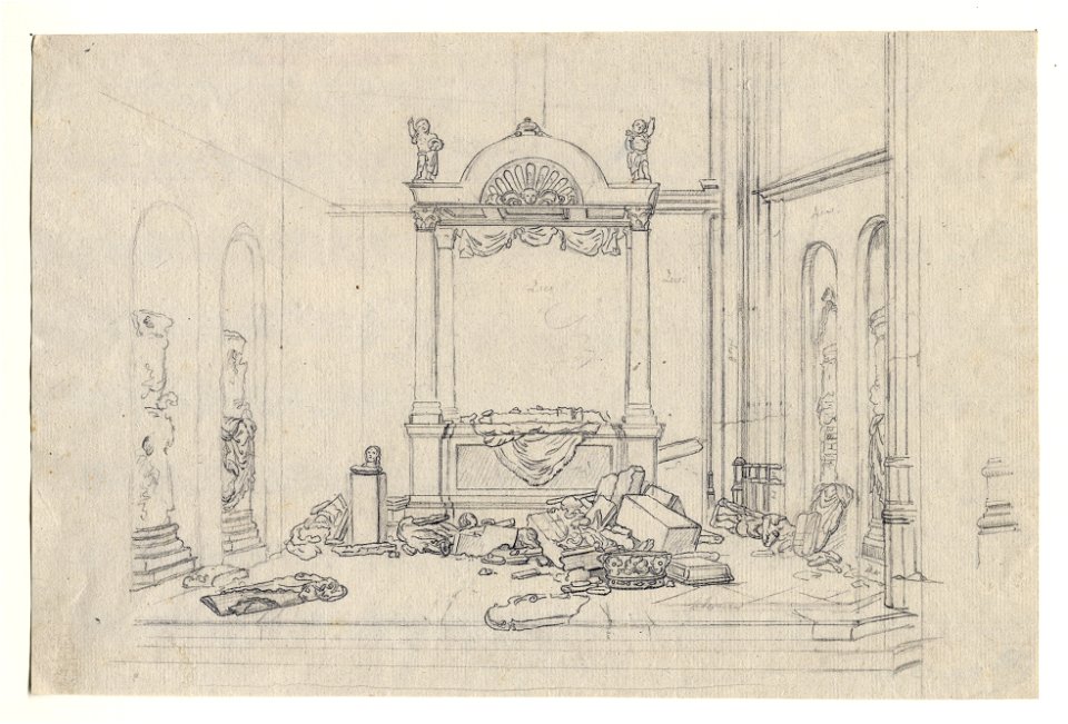 HUA-32446-Afbeelding van de vernielde graftombe van de gravin van Solms in de kapel van Zoudenbalch in de Domkerk te Utrecht van voren gezien