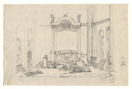 HUA-32446-Afbeelding van de vernielde graftombe van de gravin van Solms in de kapel van Zoudenbalch in de Domkerk te Utrecht van voren gezien
