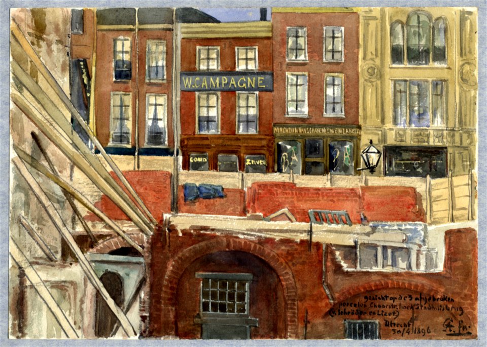 HUA-30683-Gezicht vanaf de Vismarkt op de huizen aan de westzijde van de Choorstraat te Utrecht bij de Stadhuisbrug met op de voorgrond de herbouw van de huizen