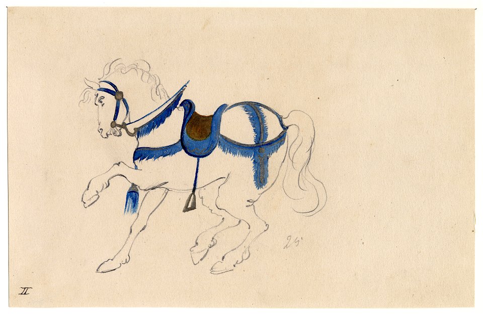 HUA-32769-Afbeelding van een ontwerp van het zadel en paardentuig van een paard in de maskerade van de studenten van de Utrechtse hogeschool ter gelegenheid van