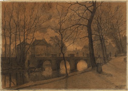 HUA-28699-Gezicht vanaf het pad onderlangs Manenburg te Utrecht op de oude Tolsteegbrug met links het accijnshuisje en rechts daarvan de huizen op de hoek van d