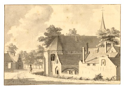 HUA-35077-Gezicht op de kapel en andere gebouwen van de St Servaasabdij te Utrecht en links de beide loodsen op het bastion Zonnenburg