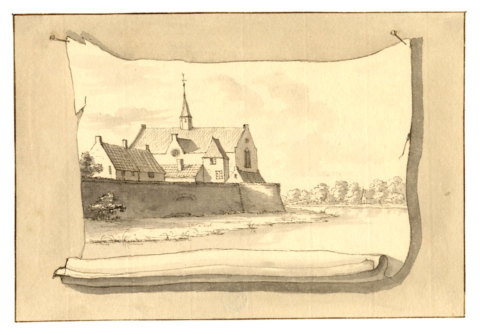 HUA-35054-Gezicht op de kapel van het Duitse Huis te Utrecht met de stadsmuur en de stadsbuitengracht uit het noordwesten