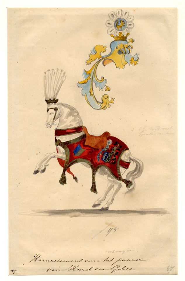 HUA-32772-Afbeelding van een ontwerp van de sjabrak van het paard van hertog Karel van Gelre figurant in de maskerade van de studenten van de Utrechtse hogescho